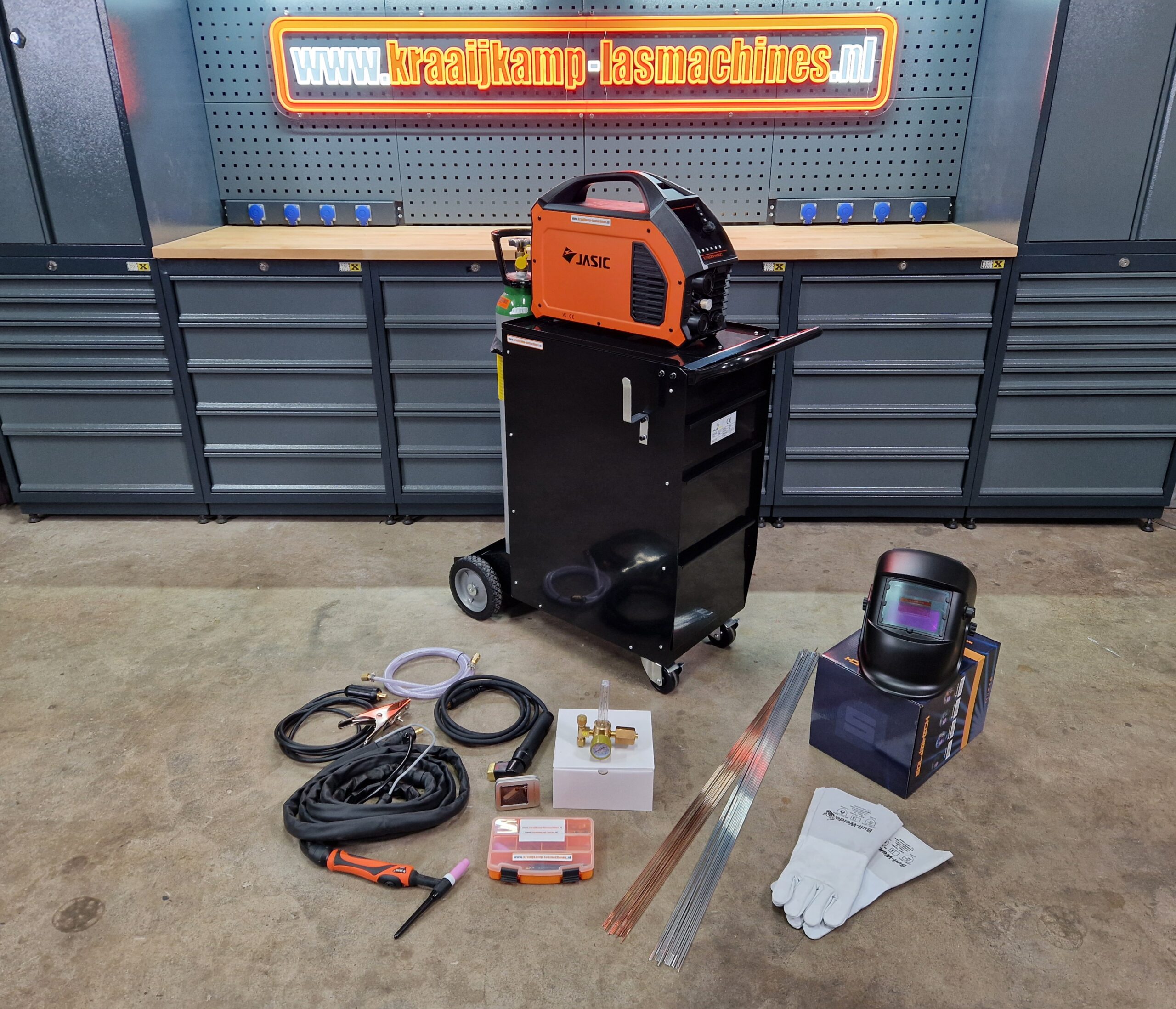 Compleet pakket! Jasic EVO20 TIG200P AC/DC PFC PULSE 230v (laswagen groot ladeblok)