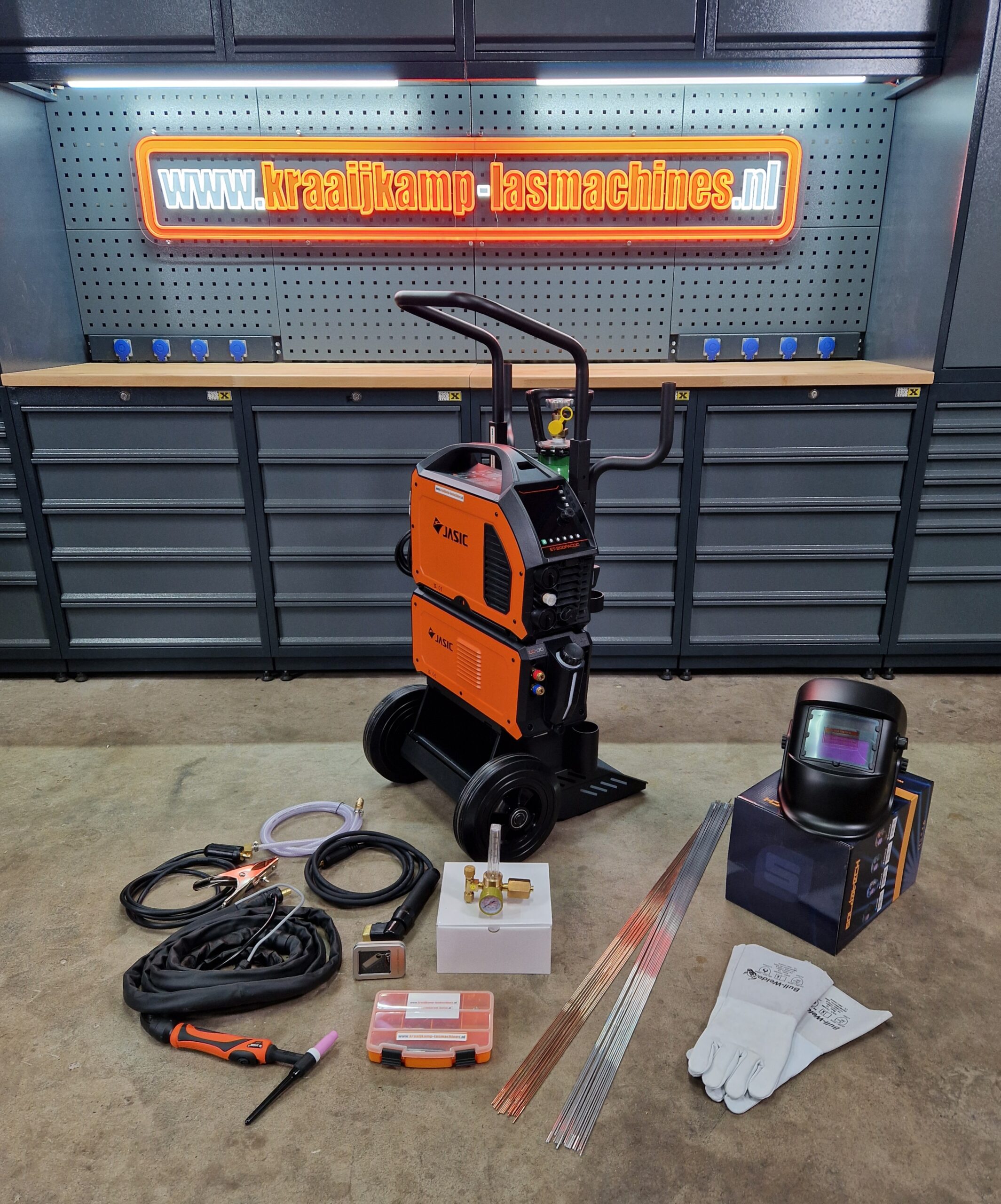 Compleet pakket!! + trolley/toolbox Jasic watergekoeld EVO TIG200P PFC AC/DC PULSE 230v
